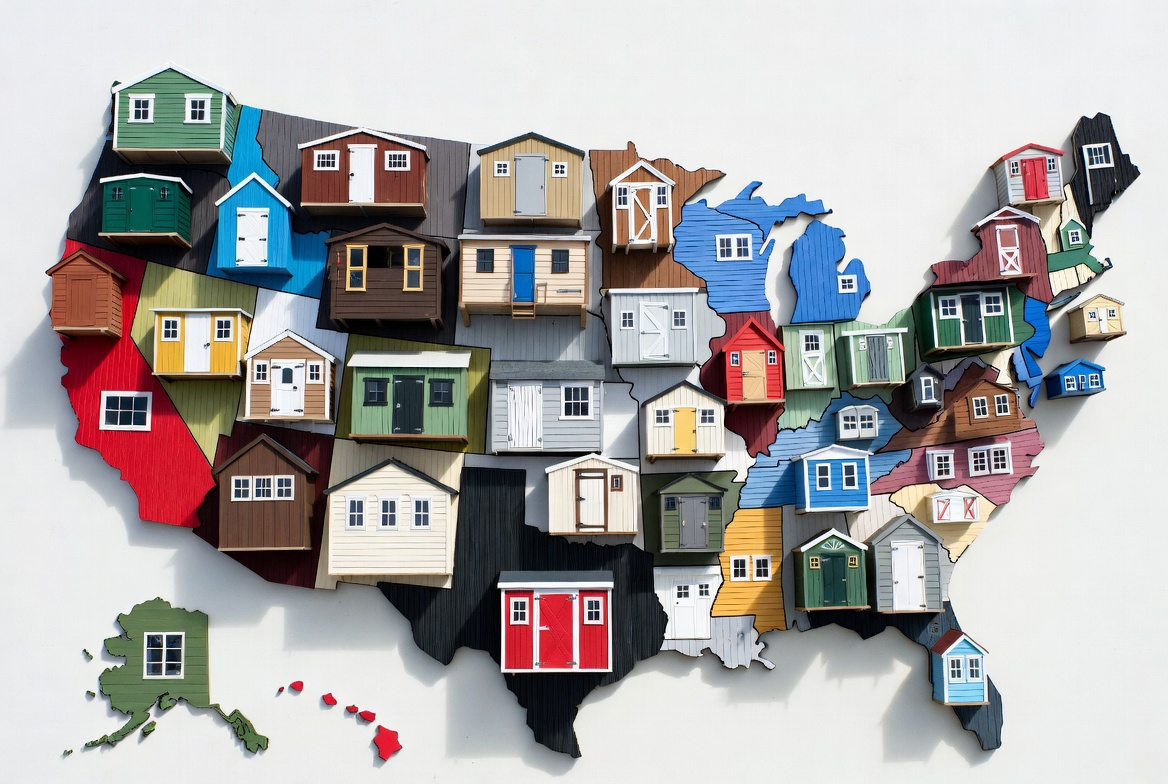 US map made of miniature sheds representing shed permits for all 50 states