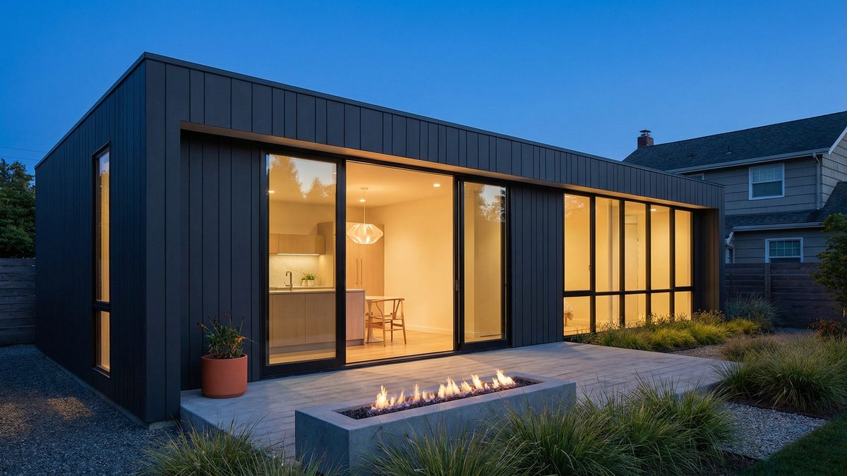 Finished shed-to-ADU cottage with porch, windows, and landscaping