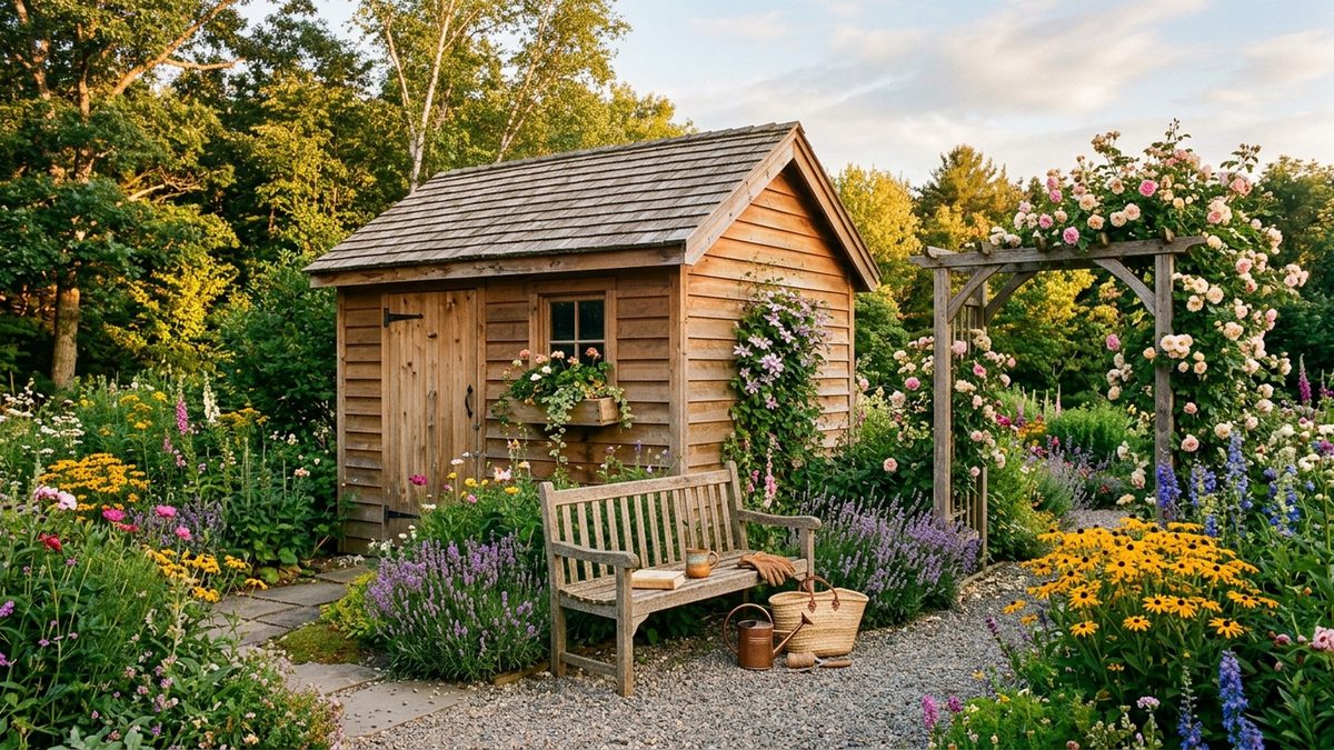 Weathered cedar shed with natural silver-gray patina