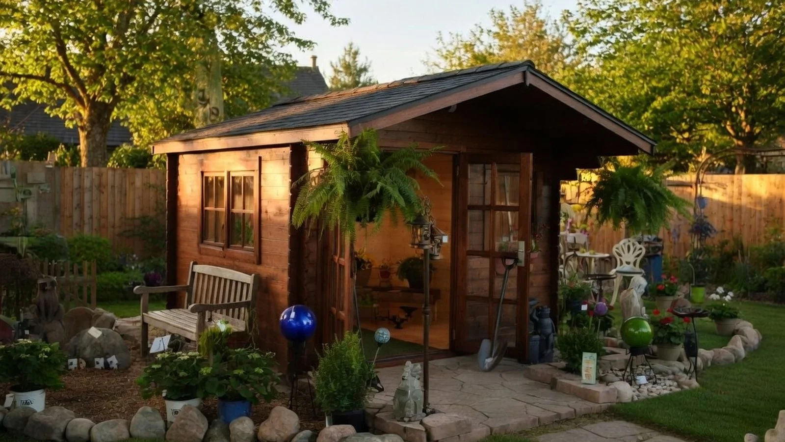 Log timber shed in a wooded backyard