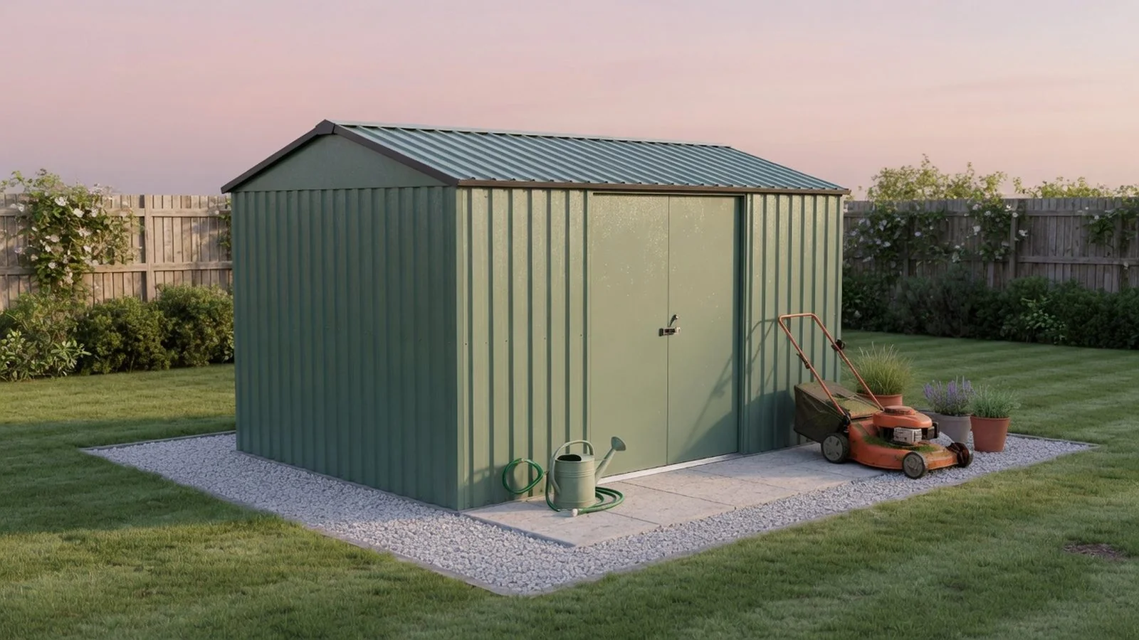 Metal steel shed in a tidy backyard