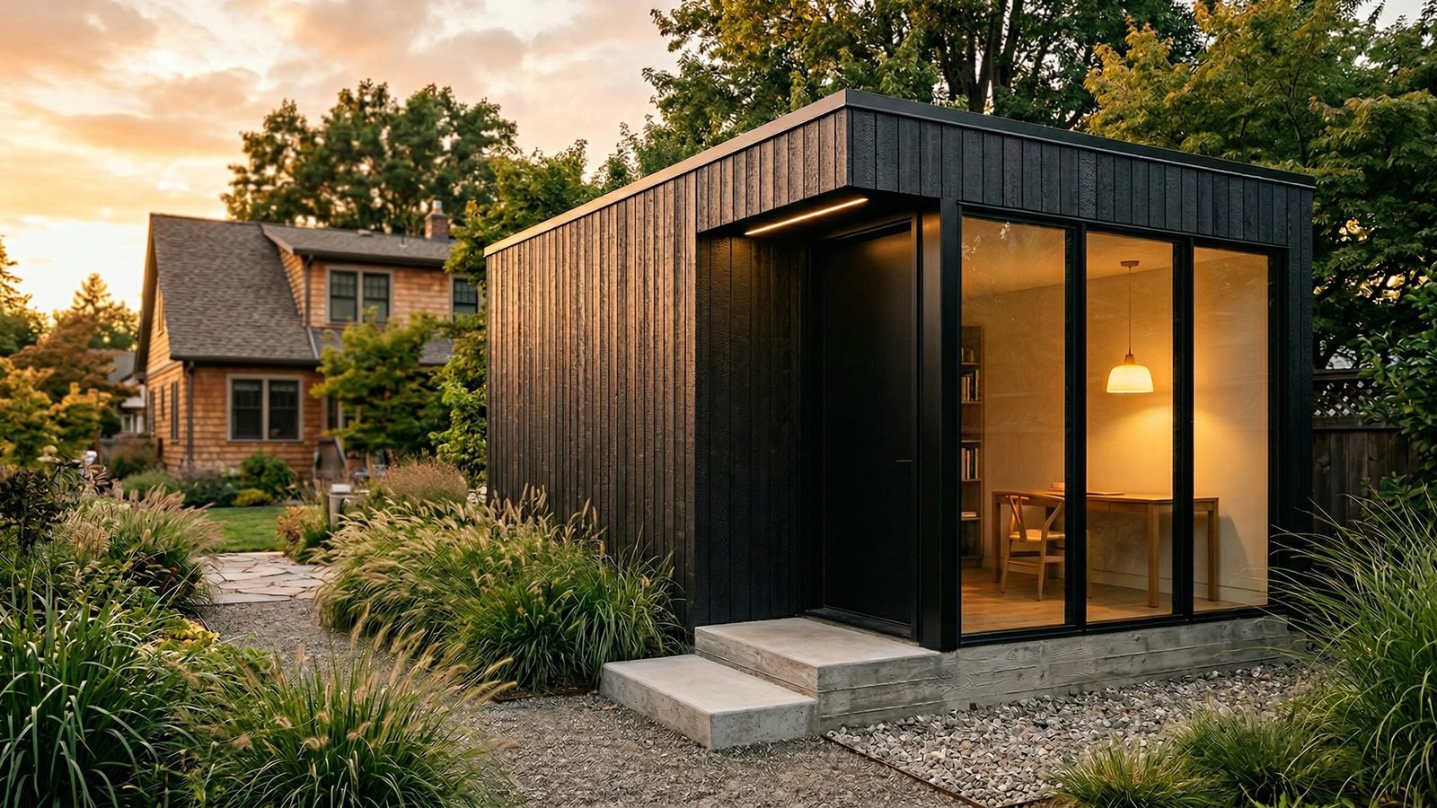 Modern studio shed at golden hour with full glass wall