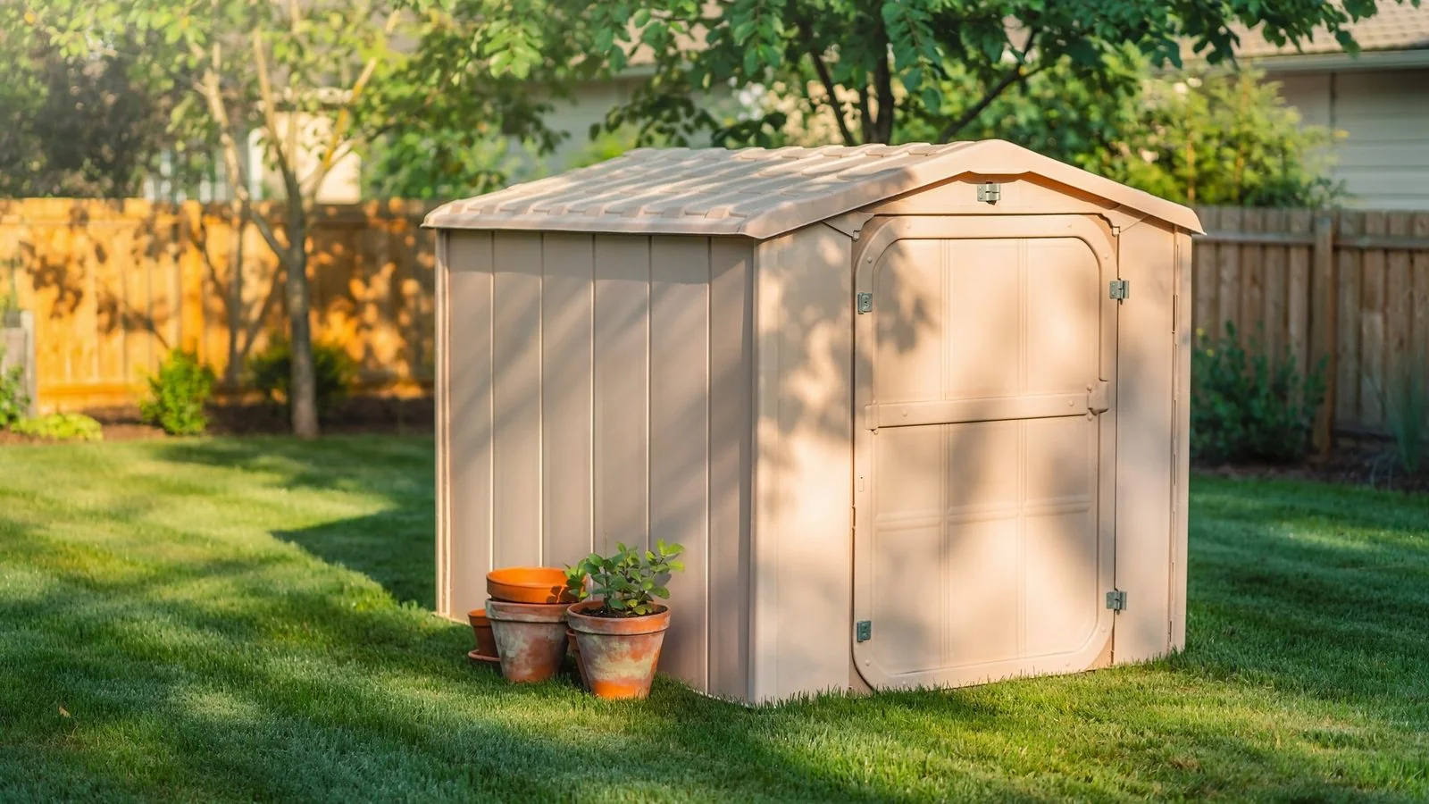 Plastic resin shed in a tidy suburban backyard