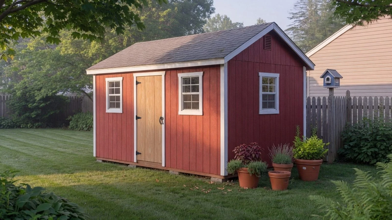 Wooden shed in a backyard at golden hour