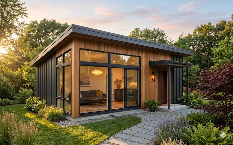Modern backyard ADU accessory dwelling unit with cedar siding and large windows at golden hour