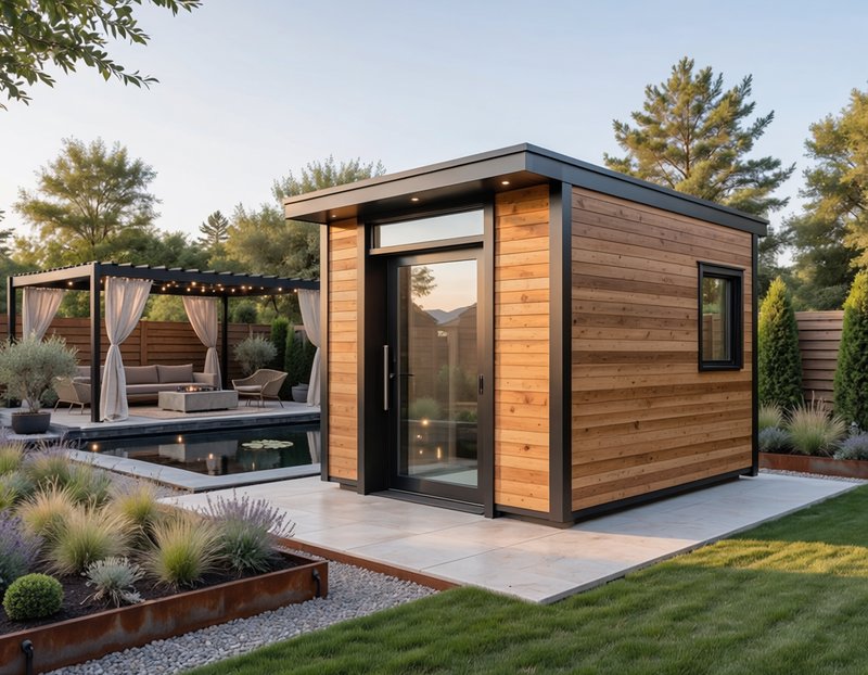 Modern studio shed with glass door in upscale backyard